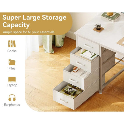 48 Inch White Computer Desk with 8 Fabric Drawers, Modern Office Desk for Home Office Study Gaming