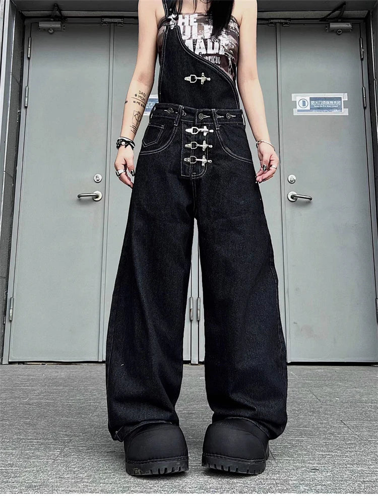 Women's Detachable Black Overalls Street Jumpsuits Straight Unisex Trousers Wide Leg Sweatpants High Waist Casual Baggy Pants