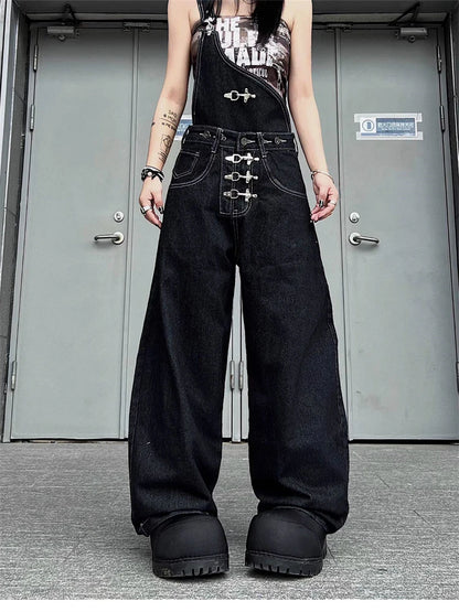 Women's Detachable Black Overalls Street Jumpsuits Straight Unisex Trousers Wide Leg Sweatpants High Waist Casual Baggy Pants