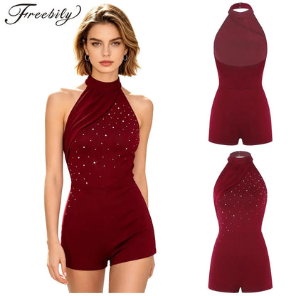 Backless Romper for Women Fashion Rhinestone Party Jumpsuit Halter Mesh Rompers for Casual Beach Bodysuit Lady Short Jumpsuits