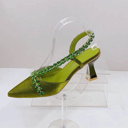 Insightlink Olive Green Rhinestone Chain Pointed Toe Heels Sparkly Crystal Ankle Strap Pumps Luxury Wedding Evening Shoes