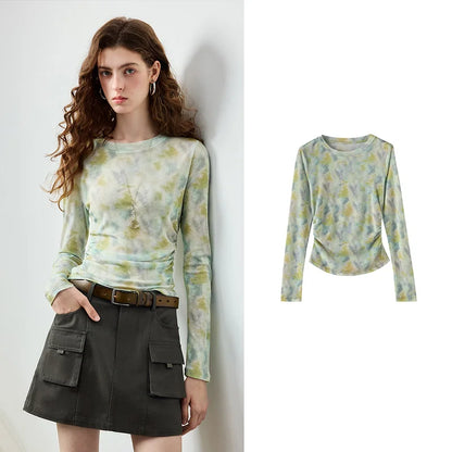 TOYOUTH Women's Sheer Second Skin Base Layer Top 2026 Fall Slim Fit Mongolian Print Nomadic Style