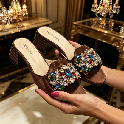 Women Luxury Multicolor Rhinestone Blue Heel Mules Black Satin Open Toe Slip On Sandals Elegant Wedding Evening Party Designer