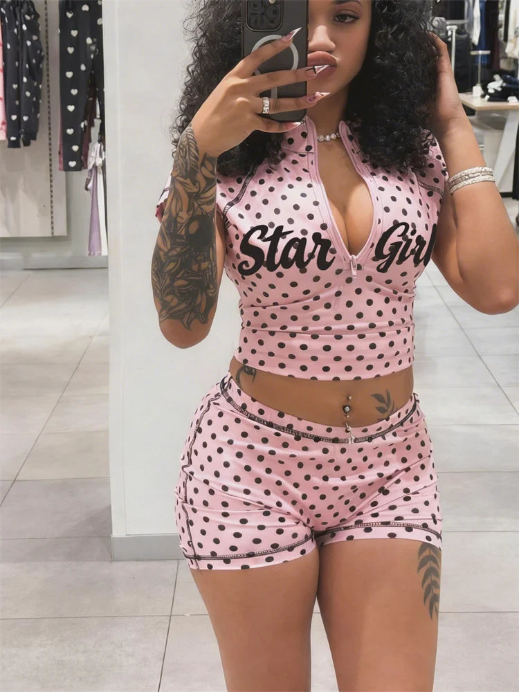 Kliou Polka Dot Print 2 Piece Set Woman Zip Turtleneck Short Sleeve Crop Tops+Skinny Shorts Street Sexy Fashion Style Outfits
