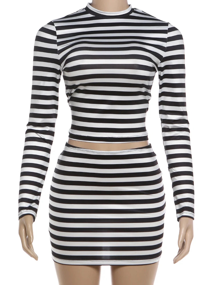 Weird Puss Striped Print 2-Piece Set Women O-Neck Full Sleeve Crop Tops+Mini Simple Skirt Spring Trend Skinny Classic Party Suit