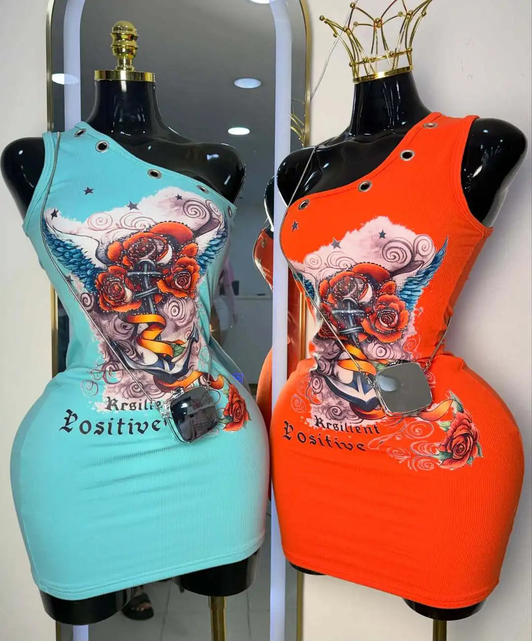 Stylish Lady Retro Tattoo Graphic Print One Shoulder Mini Dresses 2026 Women Eyelet Decor Rhinestone Bodycon Party Club Dress