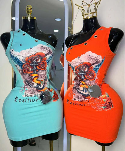 Stylish Lady Retro Tattoo Graphic Print One Shoulder Mini Dresses 2026 Women Eyelet Decor Rhinestone Bodycon Party Club Dress