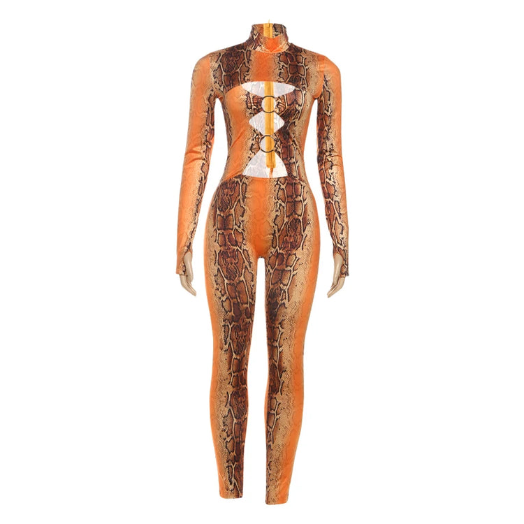Nibber Peach Hip Jumpsuits Woman Sexy Hollow Serpentine Print o-Neck Full Sleeve Skinny Midnight Club Party Coquette Overalls