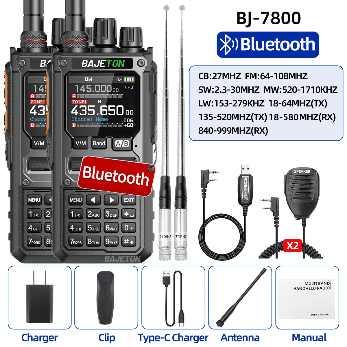 2PCS BAJETON BJ-7800 Walkie Talkie NOAA Long Range SW MW LW AM SSB CB Receive Wireless Bluetooth Phone Programming Two Way Radio