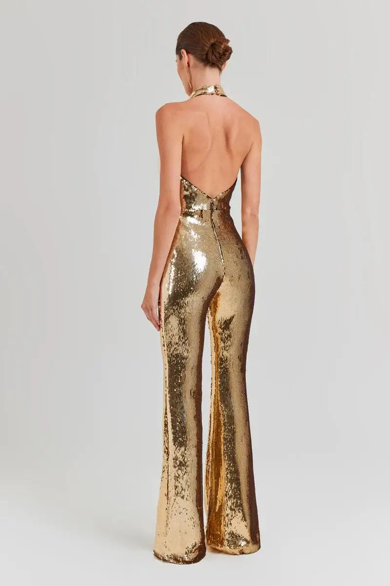 Sexy Halter Sleeveless Gold Sequined Long Bodycon Jumpsuit Pencil Skinny Rompers Twisted Celebrity Evening Runway Club Jumpsuit