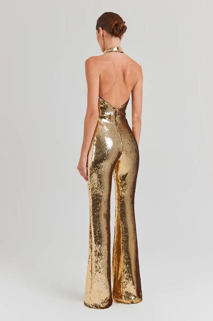Sexy Halter Sleeveless Gold Sequined Long Bodycon Jumpsuit Pencil Skinny Rompers Twisted Celebrity Evening Runway Club Jumpsuit