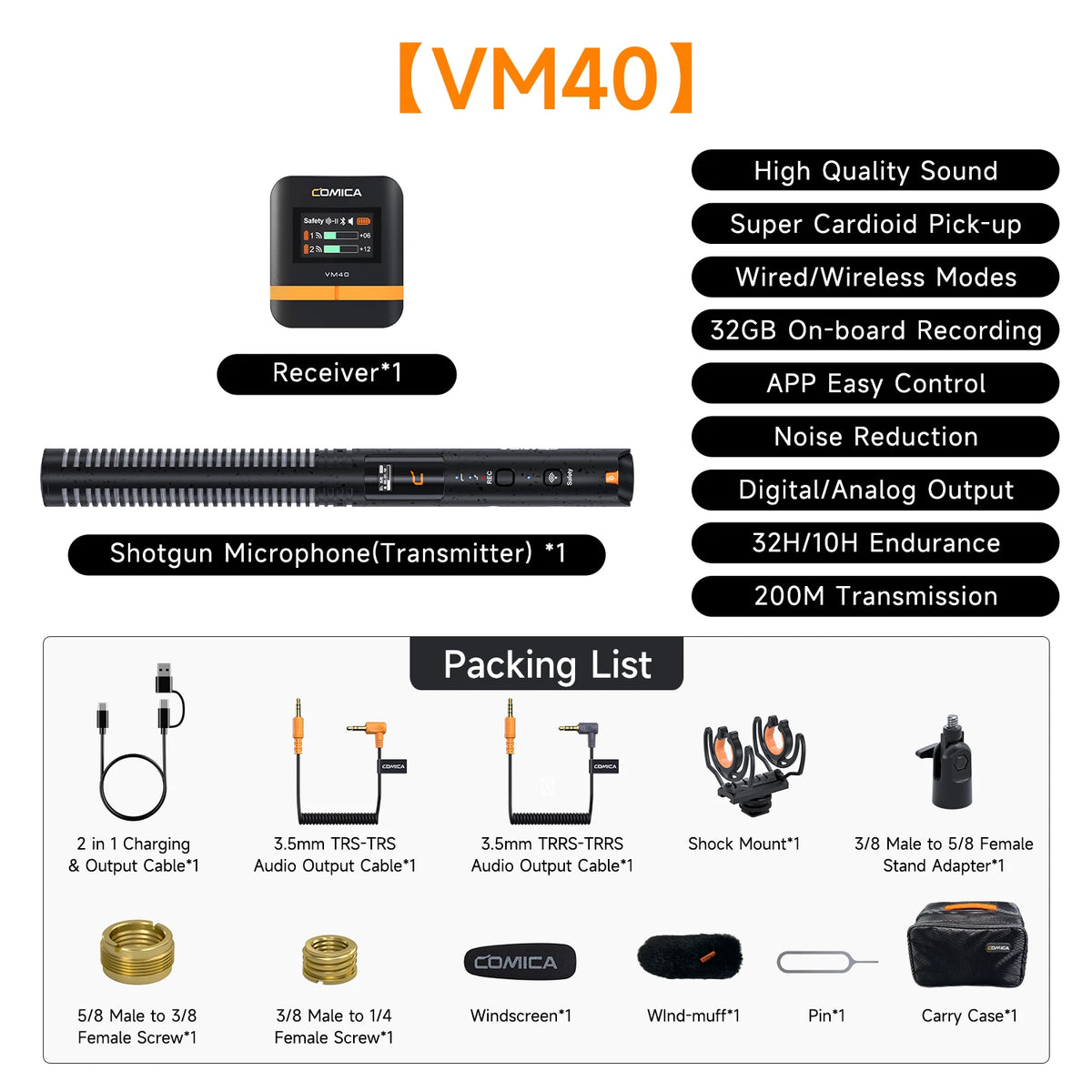 COMICA VM40 Super Cardioid 2.4G Wireless Shotgun Microphone 48kHz 32-bit 32GB Built-in Storage Mic for Camera Smartphone PC