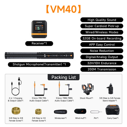 COMICA VM40 Super Cardioid 2.4G Wireless Shotgun Microphone 48kHz 32-bit 32GB Built-in Storage Mic for Camera Smartphone PC