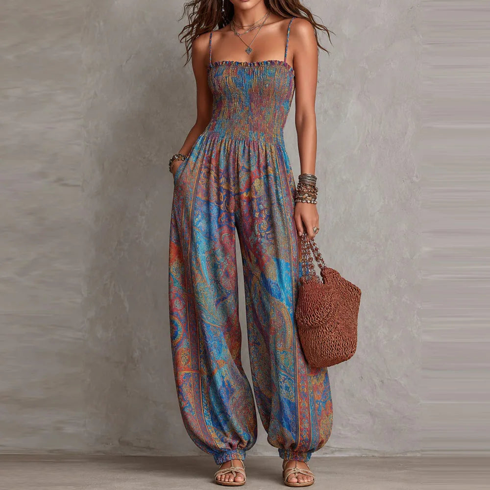 Sexy Sleeveless Backless Jumpsuit Women's 2026 Summer Boho Wide Leg Printed Loose Long Pants Jumpsuits Vacation Party Clothing