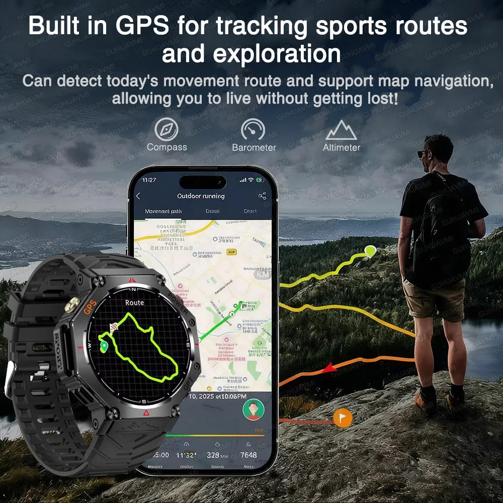 New Military Real GPS Smart Watch Men 10ATM IP69K Waterproof Swim Sports Watches Flashlight Bluetooth Call AMOLED HD Smartwatch