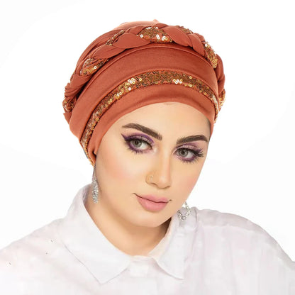 Women Hijabs Turban Hats Sequin Solid Color Braid Twist Caps Cancer Chemotherapy Beanies Cap Headwrap Plated Hair Loss Cover