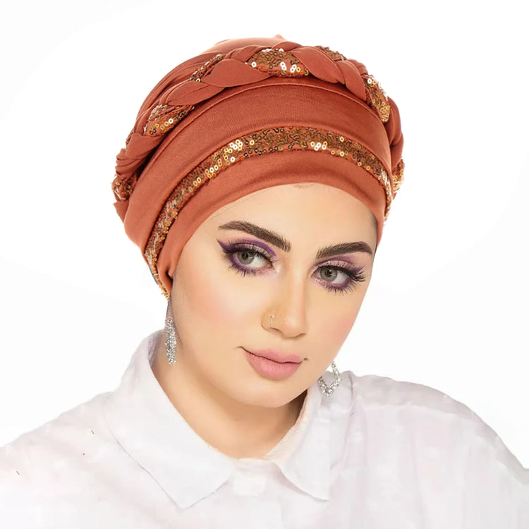 Women Hijabs Turban Hats Sequin Solid Color Braid Twist Caps Cancer Chemotherapy Beanies Cap Headwrap Plated Hair Loss Cover
