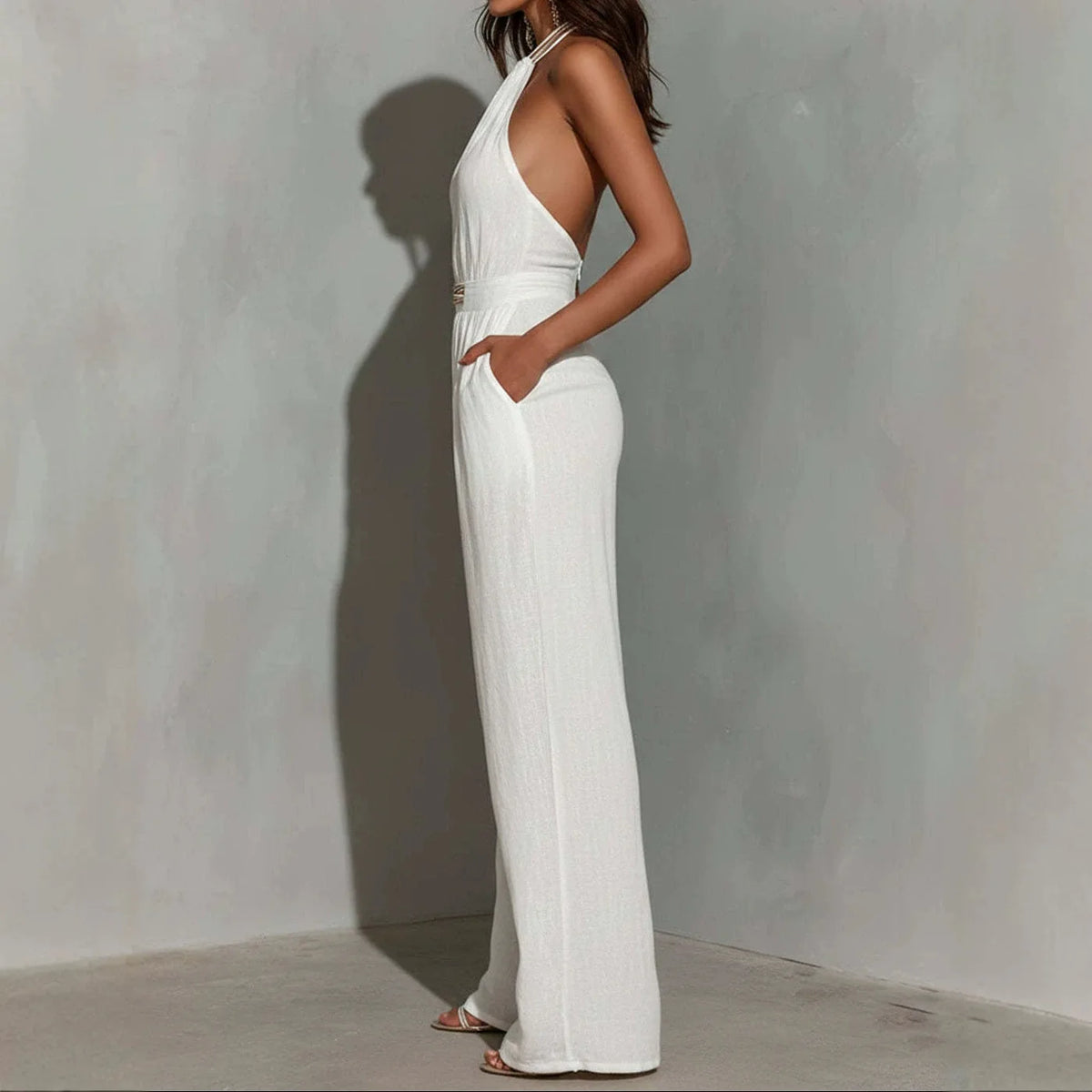 Women's Lace-Trimmed Comfortable Casual Woven Jumpsuit Elastic Waist Wide Leg Jumpsuit for Spring Autumn