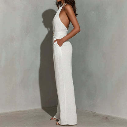 Women's Lace-Trimmed Comfortable Casual Woven Jumpsuit Elastic Waist Wide Leg Jumpsuit for Spring Autumn