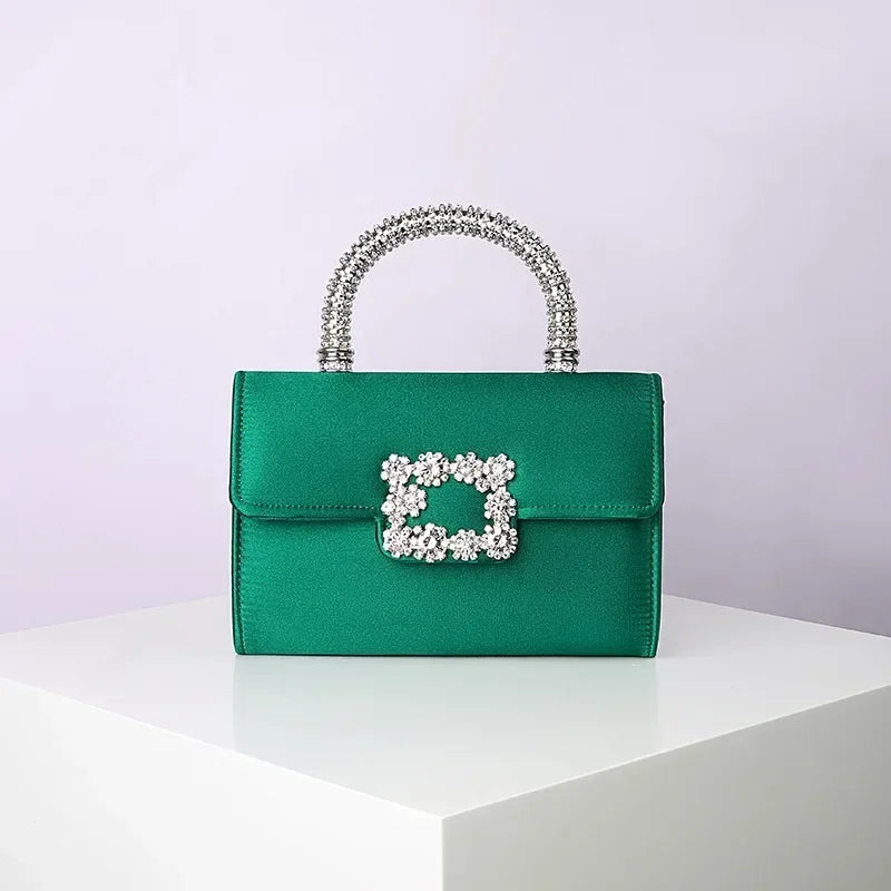Rhinestone Faux Silk Emerald Evening Bag Silver Diamond Buckle Handle Fashion Handbags Elegant Ladies Square Bolsa Feminina