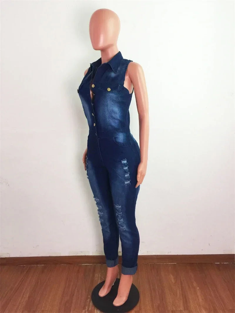 Streetwear Ripped Jeans Jumpsuit Women Summer Clothes Women 2024 Sleeveless Catsuits Denim Rompers Playsuits One Pieces Overalls