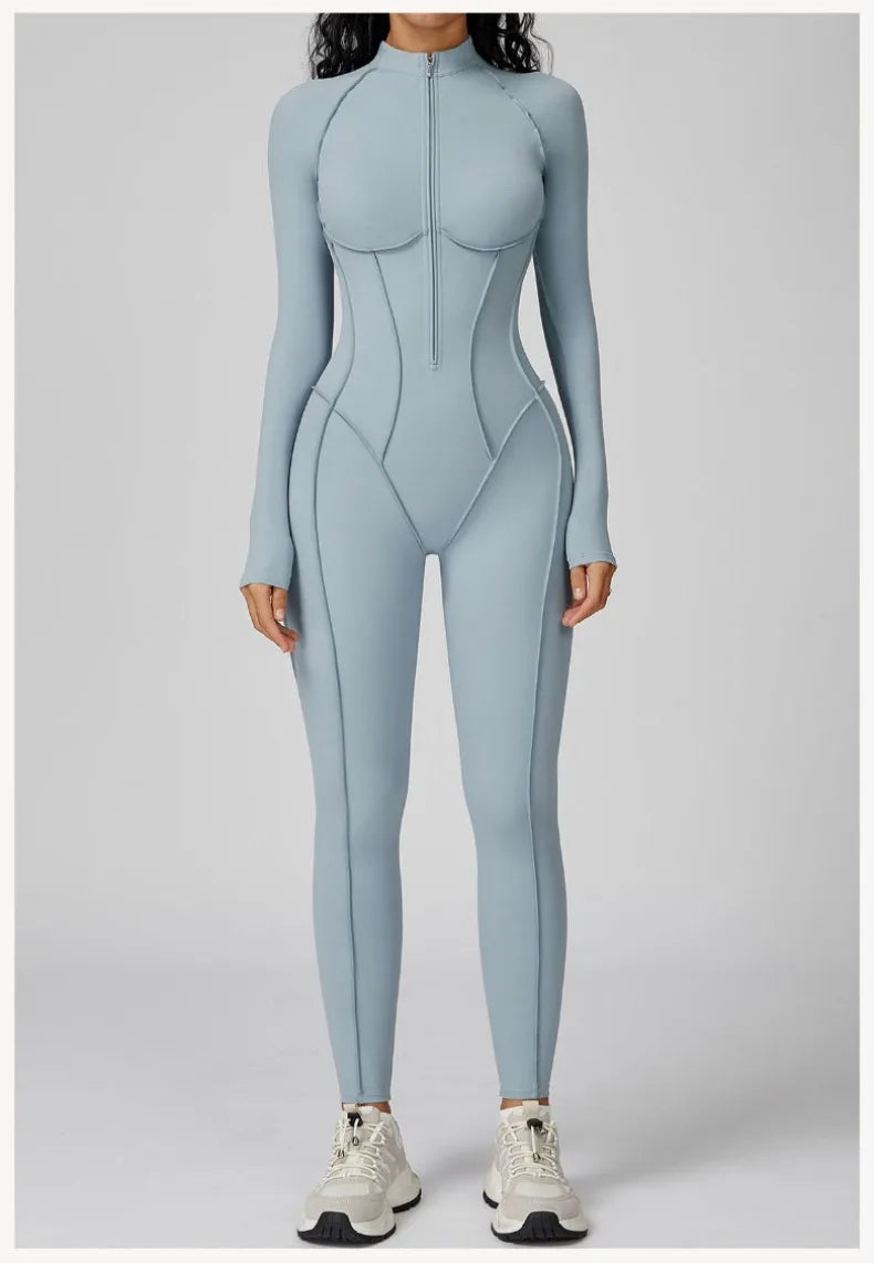Women's New Sports Bodysuits Fitness Jumpsuit Slim Zipper Neck Sexy Splice Elasticity Jumpsuit Female Gym One Piece Sportswear