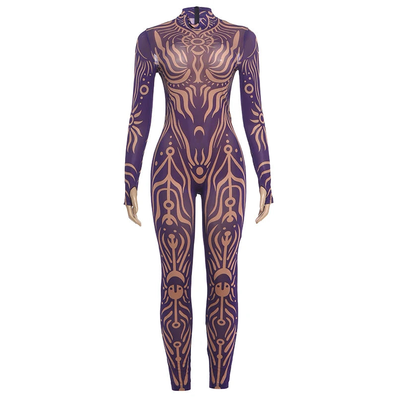 Weird Puss Sexy Striped Print Jumpsuits Women Wild Style Turtleneck Full Sleeve Midnight Party Club Stretch Streetwear Overalls