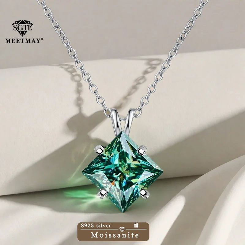 BOCARMAN S925 Sterling Silver Necklace with Colorful Princess Cut Moissanite Inlay Clavicle Chain Pendant for Women Gift