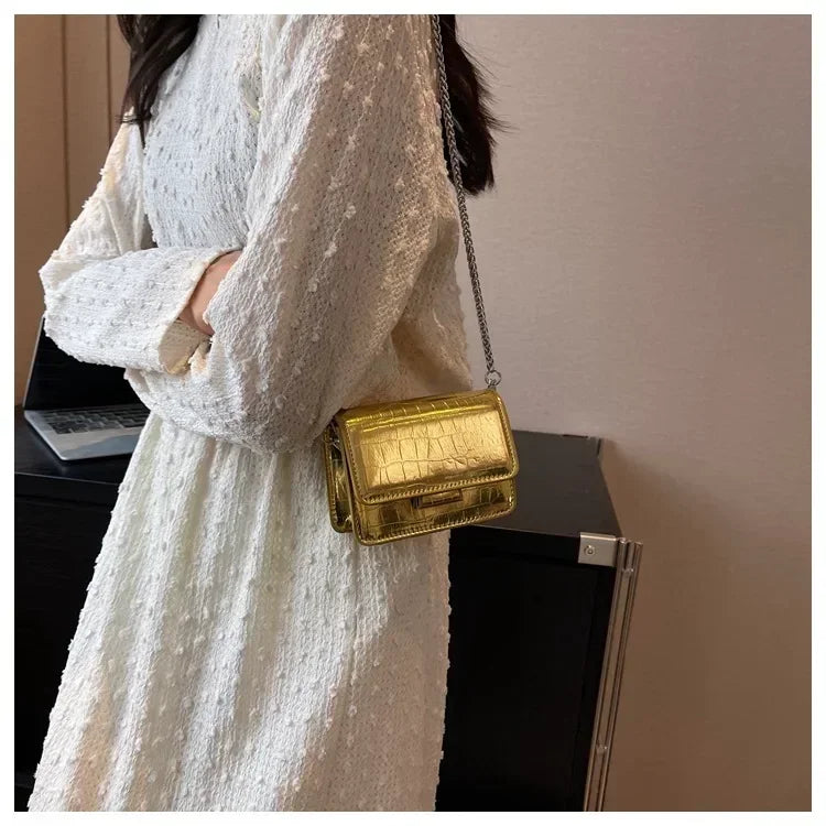 Vintage Women Silver Chic Crossbody Bag Luxury Designer Small Shoulder Bags Fashion Gold Mini Square Cute Pu Leather Handbag