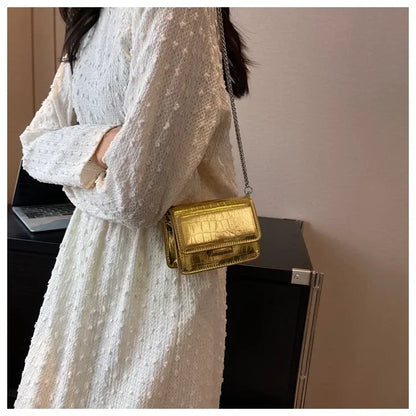 Vintage Women Silver Chic Crossbody Bag Luxury Designer Small Shoulder Bags Fashion Gold Mini Square Cute Pu Leather Handbag