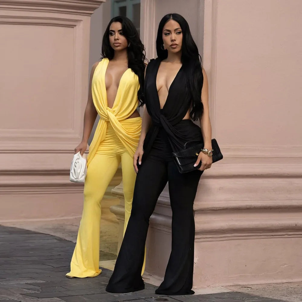 FLARORA Sexy Cross Knot Ruched Flare Jumpsuits Woman Chic Deep V Sleeveless Backless Peach Hip Skinny Playsuits Party Clubwear