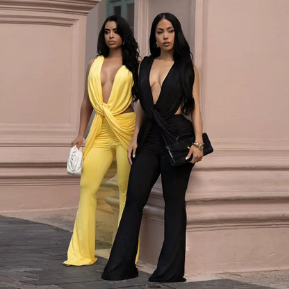 FLARORA Sexy Cross Knot Ruched Flare Jumpsuits Woman Chic Deep V Sleeveless Backless Peach Hip Skinny Playsuits Party Clubwear