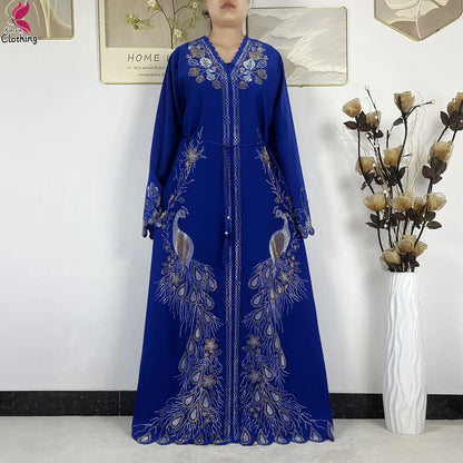 2026New Dubai Muslim Women Modest Dress Diamond Chiffon Elegant Arabic Femme Hijab African Abaya Islamic Long Sleeve Turkey Robe