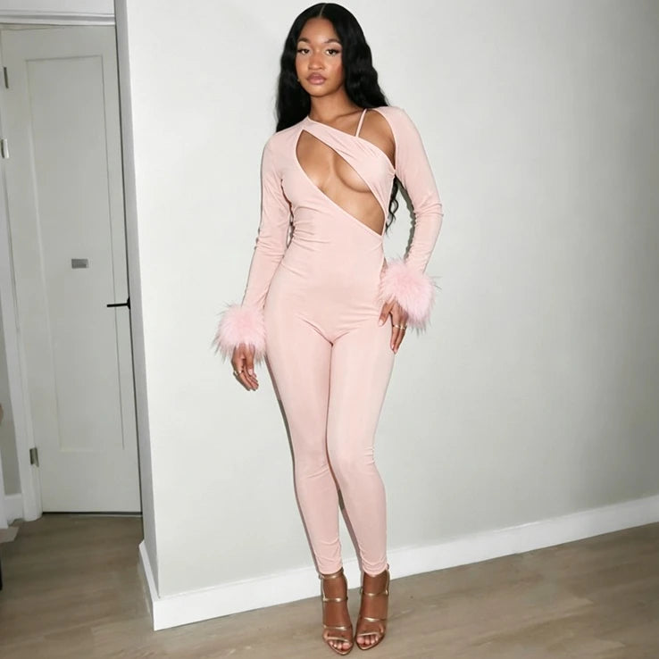 FLARORA Sexy Hollow Out Jumpsuits Woman Faux Fur Patchwork Skew Neck Full Sleeve Backless Skinny Peach Hip Party Club Overalls