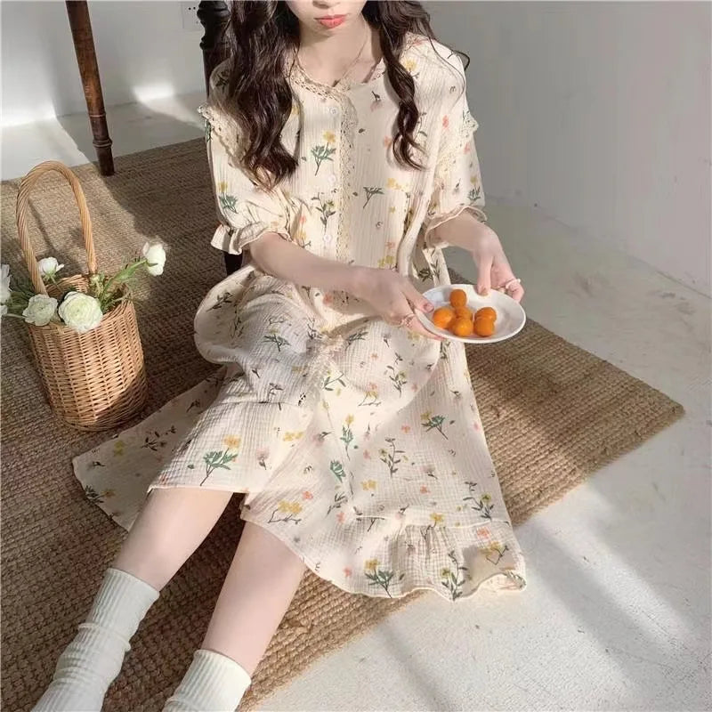 Girl Pajamas Sweet Cute Little Bouquet Printed Bubble Cotton Nightgown Lace Loungewear Princess Wind Women Homewear Dress