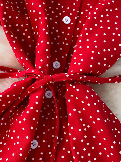 Summer Women Polka Dot Long Dress Vintage V-Neck Flying Sleeve High Waist Single Breasted A-Line Casual Vestidos Female Robe New