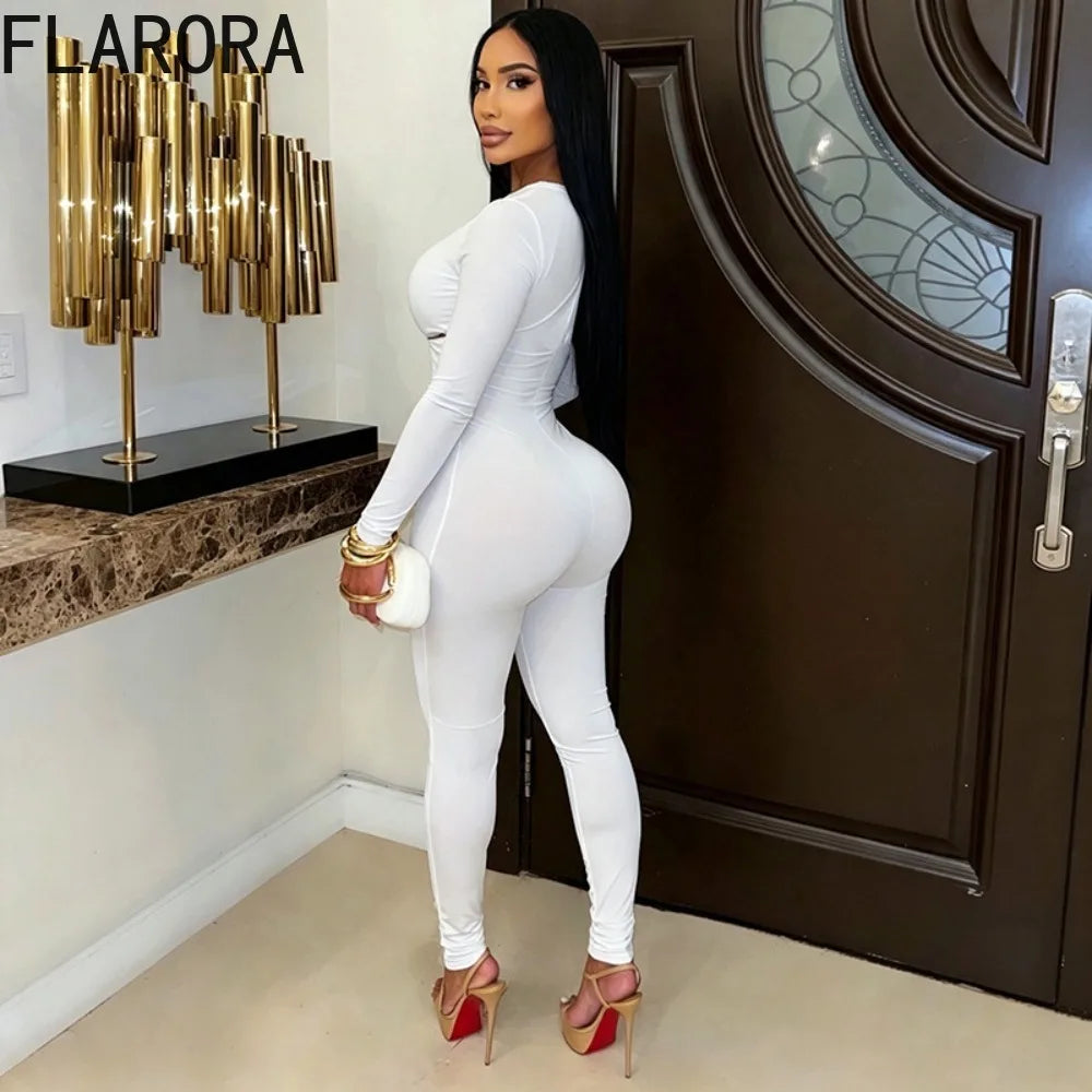 FLARORA Sexy Hollow Out Jumpsuits Woman Trend Metal Buckle Decoration Full Sleeve Skinny Peach Hip Party Club Street Overalls