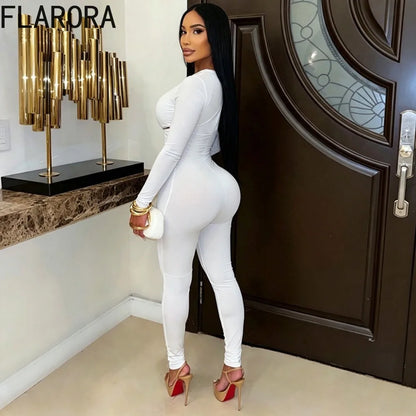 FLARORA Sexy Hollow Out Jumpsuits Woman Trend Metal Buckle Decoration Full Sleeve Skinny Peach Hip Party Club Street Overalls