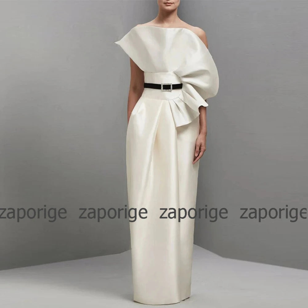 Graduation Gowns Elegant Ivory Satin Ruffles Belt Bespoke Occasion Gown Column&Sheath Strapless Long Dresses Evening Dress