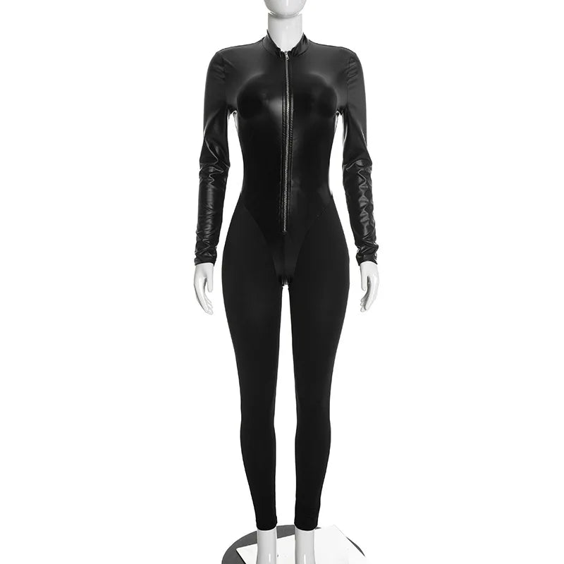 FLARORA Fashion Pu Leather Patchwork Jumpsuits Woman Stand Collar Full Sleeve Zip Skinny Peach Hip Midnight Party Club Overalls