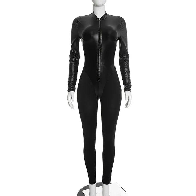 FLARORA Fashion Pu Leather Patchwork Jumpsuits Woman Stand Collar Full Sleeve Zip Skinny Peach Hip Midnight Party Club Overalls