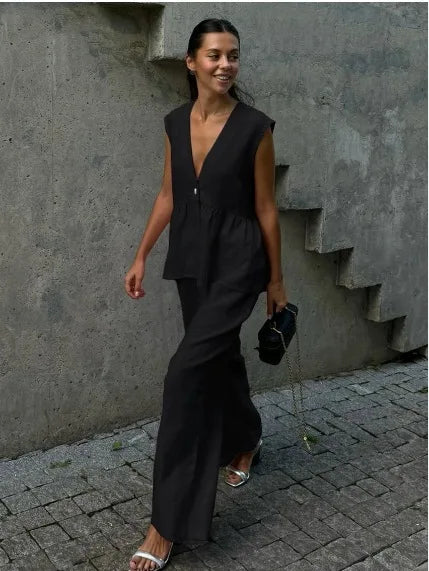 2 Pieces Women Sets 2026 Cotton V-Neck Sleeveless Top Vest + Long Pants New Solid Color Two-Piece Sets Women's Clothing