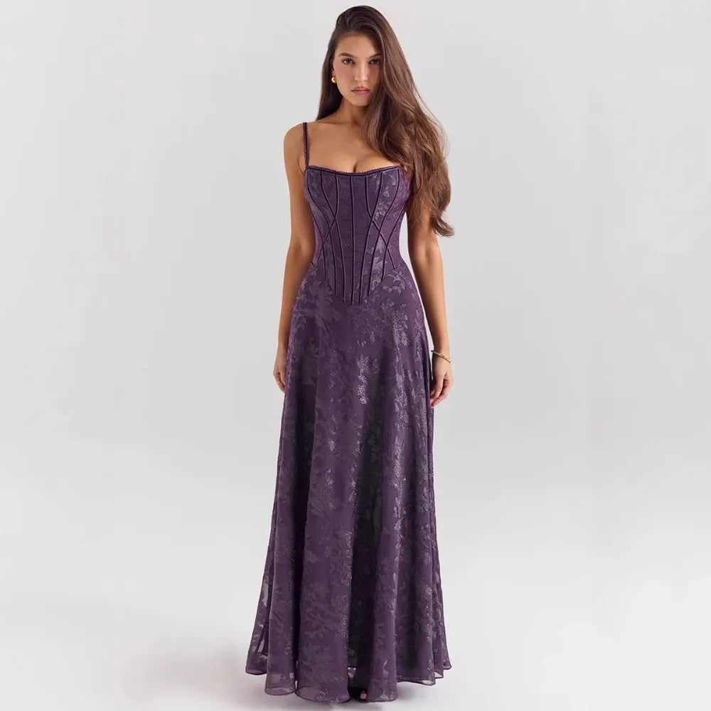 Women New European American Cami Strap Maxi Gown Tulle Floral Lace Applique Formal Prom Long Dress