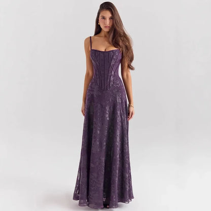 Women New European American Cami Strap Maxi Gown Tulle Floral Lace Applique Formal Prom Long Dress