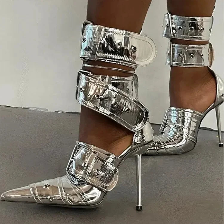 New Women Denim Metal Rivet Buckle Sandals Women Sexy Punk Style Pointed Hollow Metal 11cm High Heel Knee High Boots Size34-43