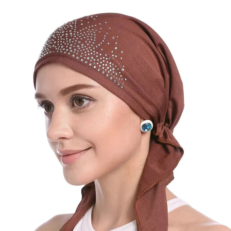 Fashion Muslim Headscarf Hat for Women Thin Summer Inner Hijab Caps Solid Color Diamond Turban Bonnet India Headwrap