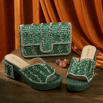 Nigeria Distinguished Green And Elegant Women's Designer High Heels And Bag Set, Fashionable Fishmouth Shoes In Nigerian Style