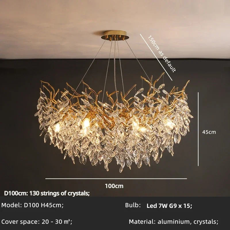 Modern Dining Room Branch Pendant Lights Lustre Crystal Led Hanging Lamp Post Luxury G9 Suspend Lamp Gold Droplight Fixtures