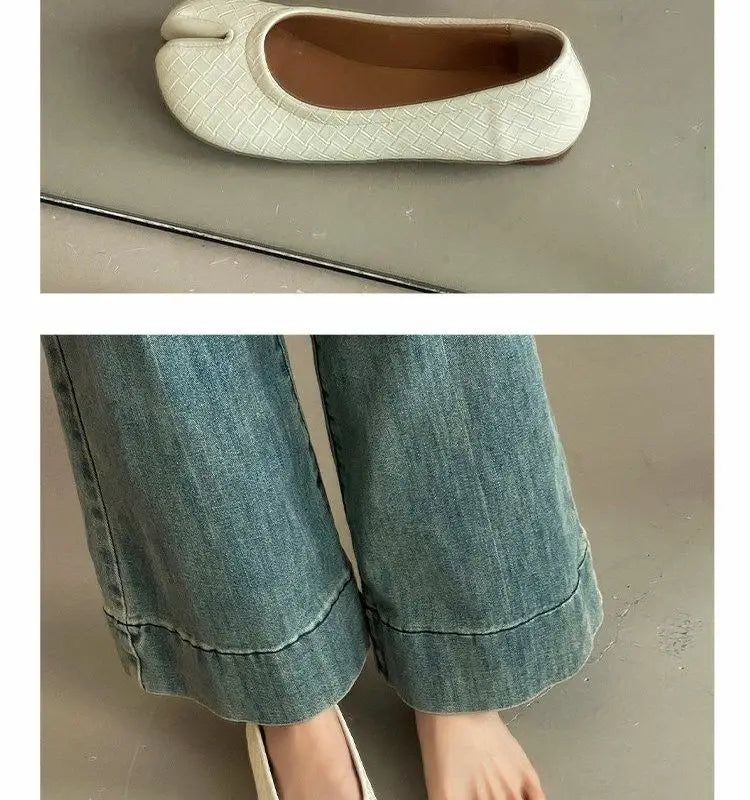 French Retro Split Toe Ballet Flats Women Red Woven Detail Tabi Slip On Shoe Woman Faux Leather Moccasin Daily Work Office Flats