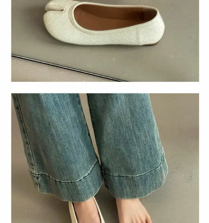 French Retro Split Toe Ballet Flats Women Red Woven Detail Tabi Slip On Shoe Woman Faux Leather Moccasin Daily Work Office Flats